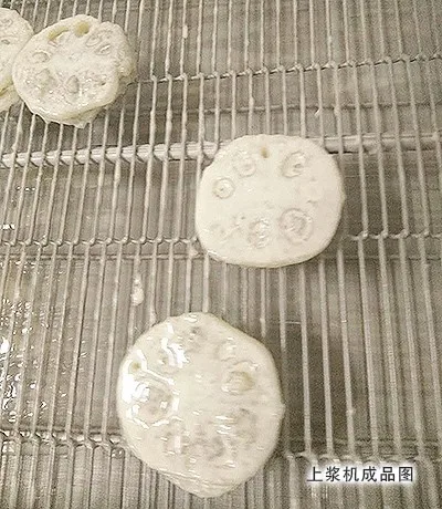 Patties coated with thick batter on the NJJ batter applicator